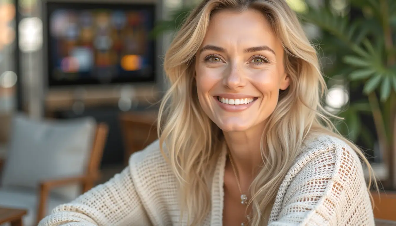 Inviting blonde woman on Melbourne terrace with online casino bonus ambience