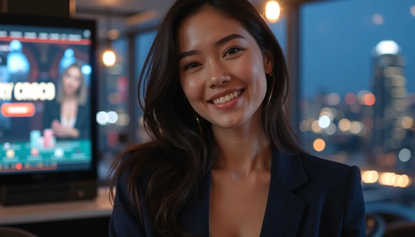 Smiling woman in Sydney penthouse with Play Croco casino atmosphere in background